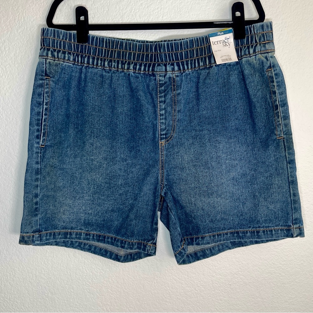 Terra & Sky Ahead Denim Shorts Elastic Waist High Rise Pull On